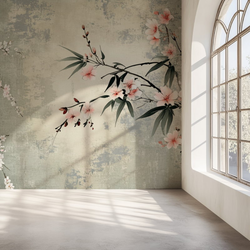 Papier peint fleur japonisant mur simple
