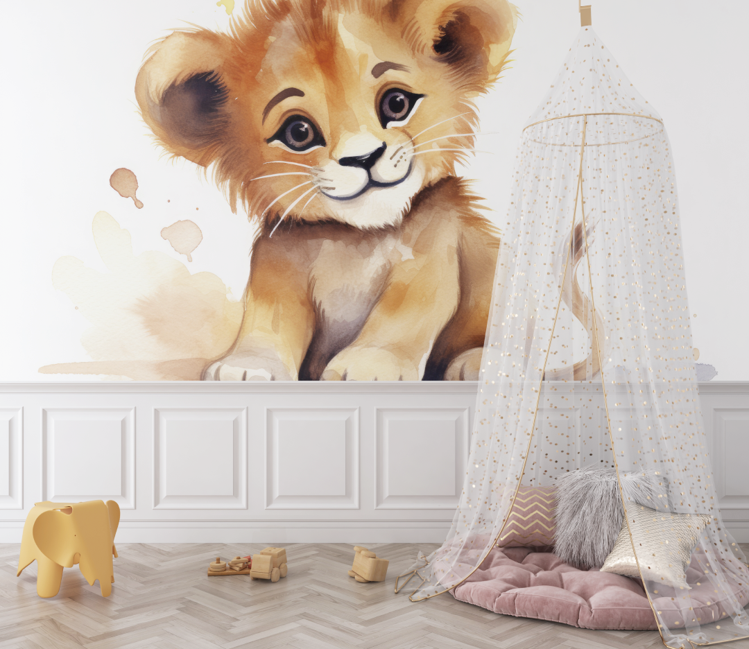 Papier peint lion bebe aquarelle bebe