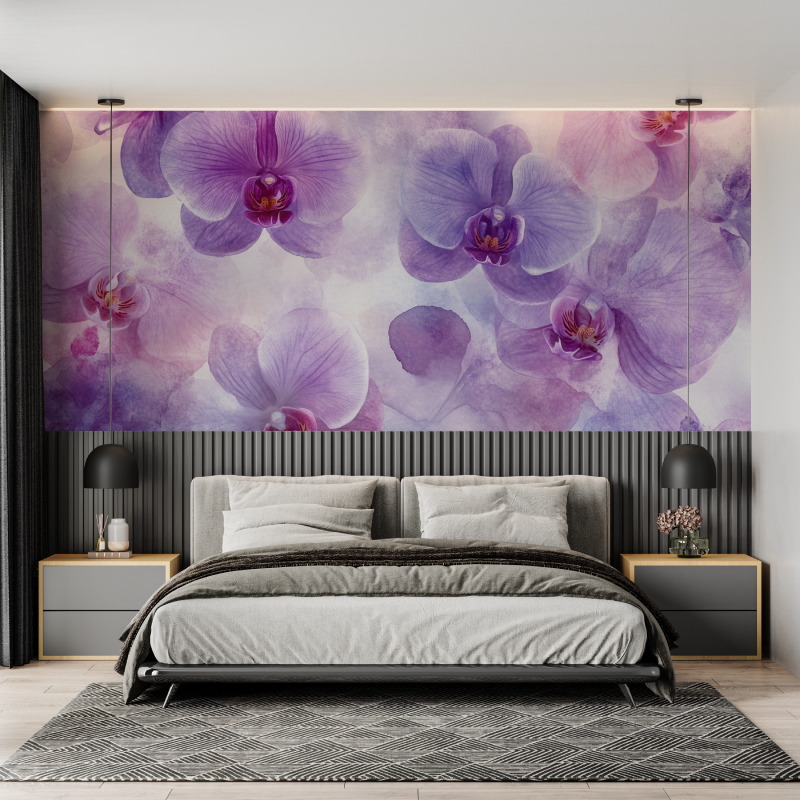 Papier peint aquarelle orchidees delicates mural adulte
