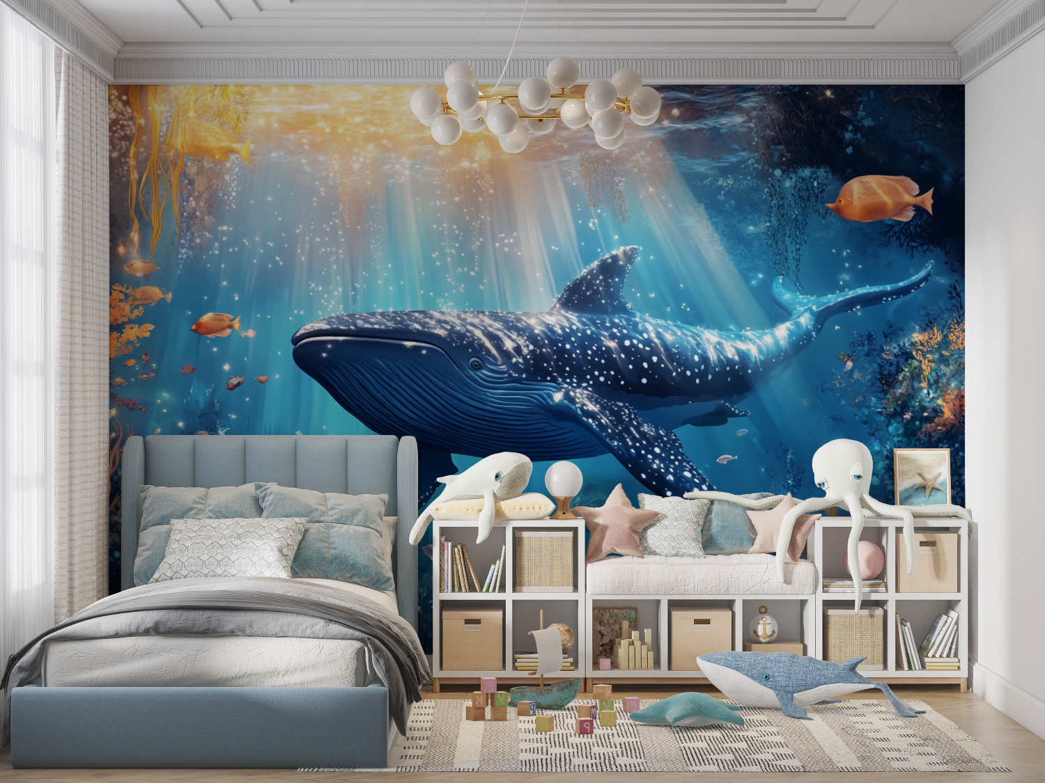 Papier peint marin decor baleine bleue panoramique garcon