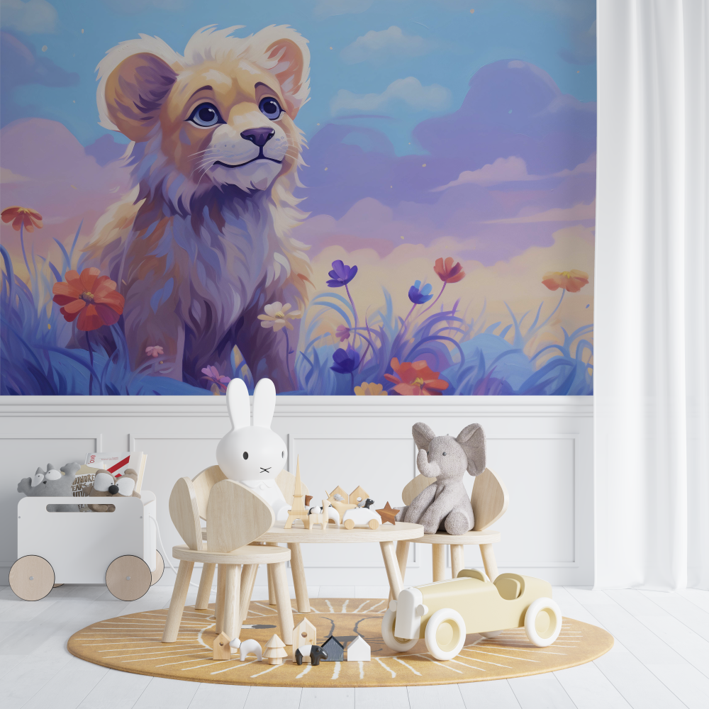 Papier peint lion et nuages pastel chambre de bebe