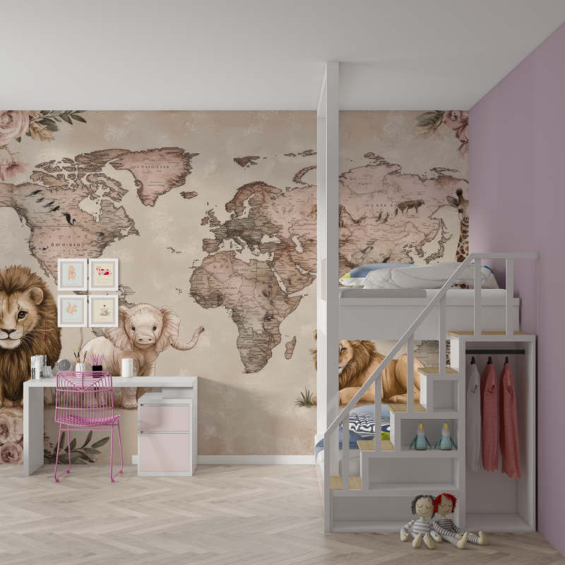 Papier peint carte du monde animaux rose mur chambre fille