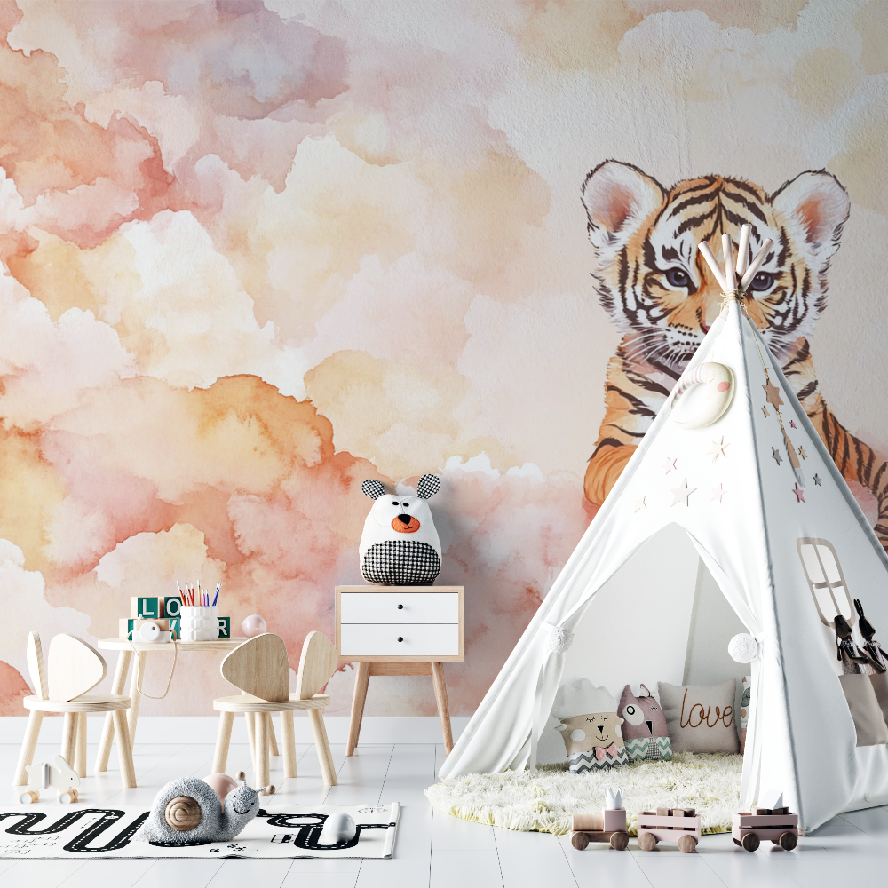 Papier peint tigre et nuages chambre bebe