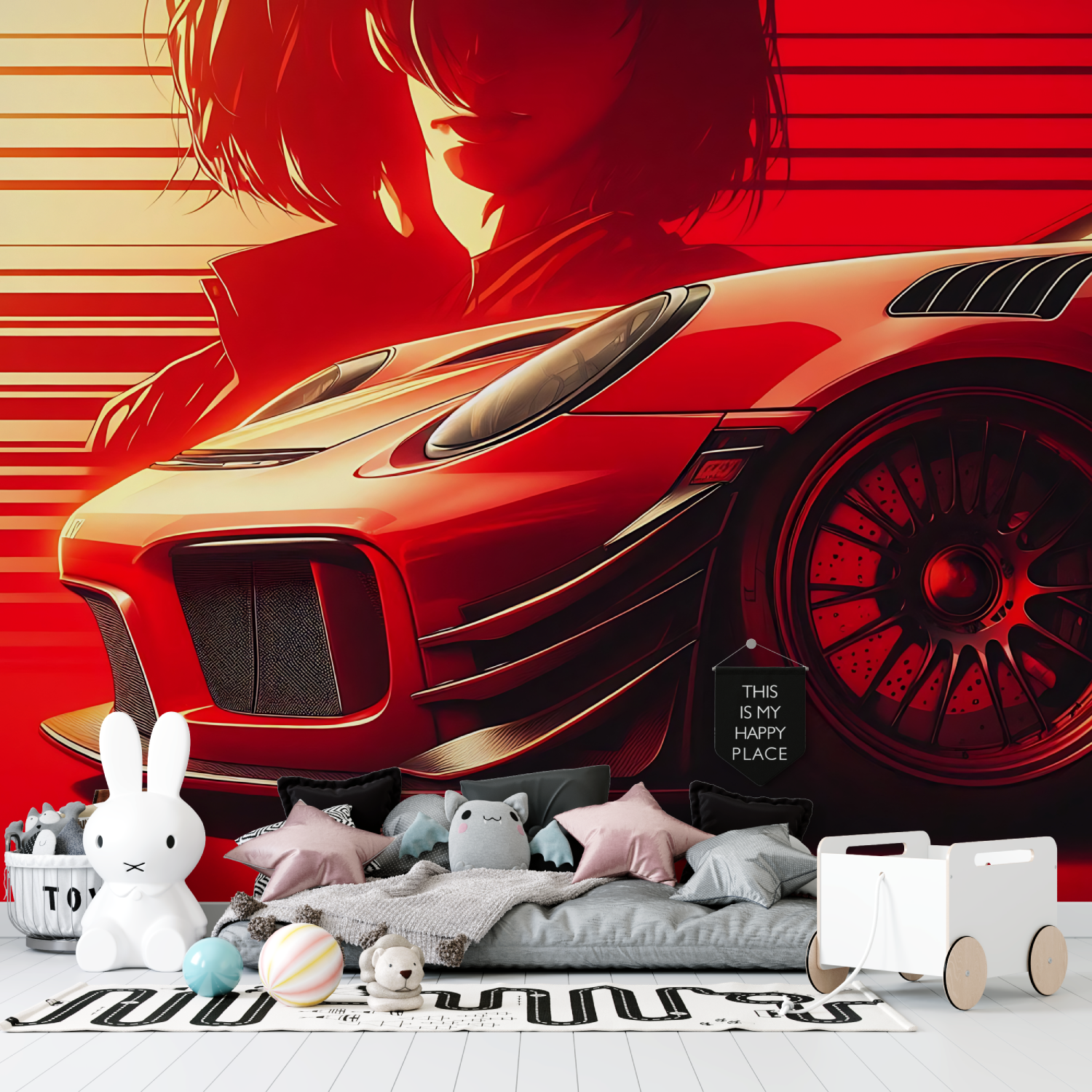 Papier peint voiture de sport rouge tapisserie garcon