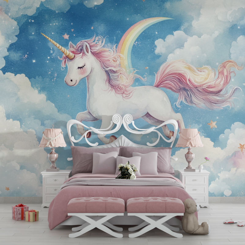 Papier peint decoration licorne...t ciel bleu chambre filles