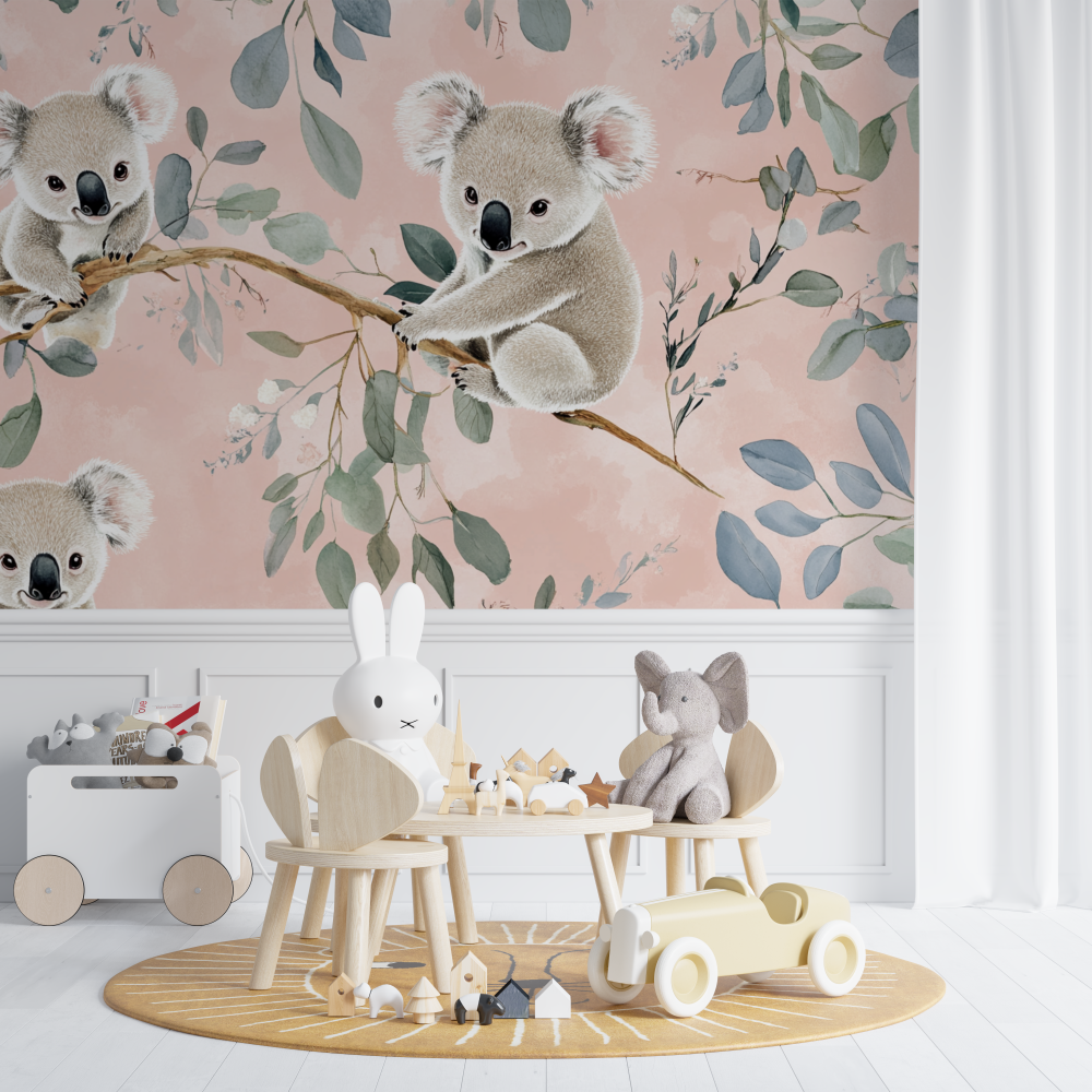 Papier peint koala sur fond rose poudre chambre de bebe