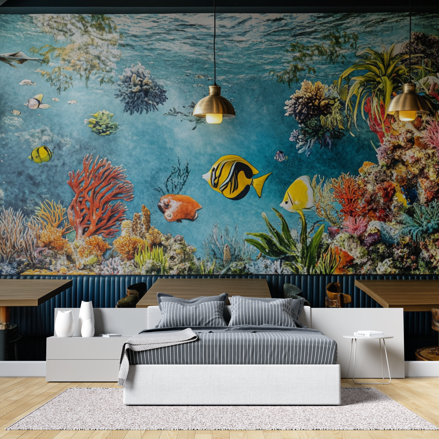 Papier peint trompe loeil aquarium tete de lit