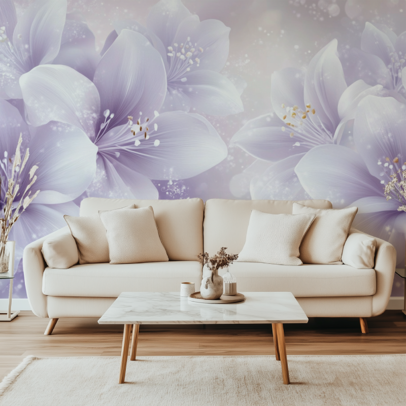 Papier peint fleur blanche sur fond lavande canape simple