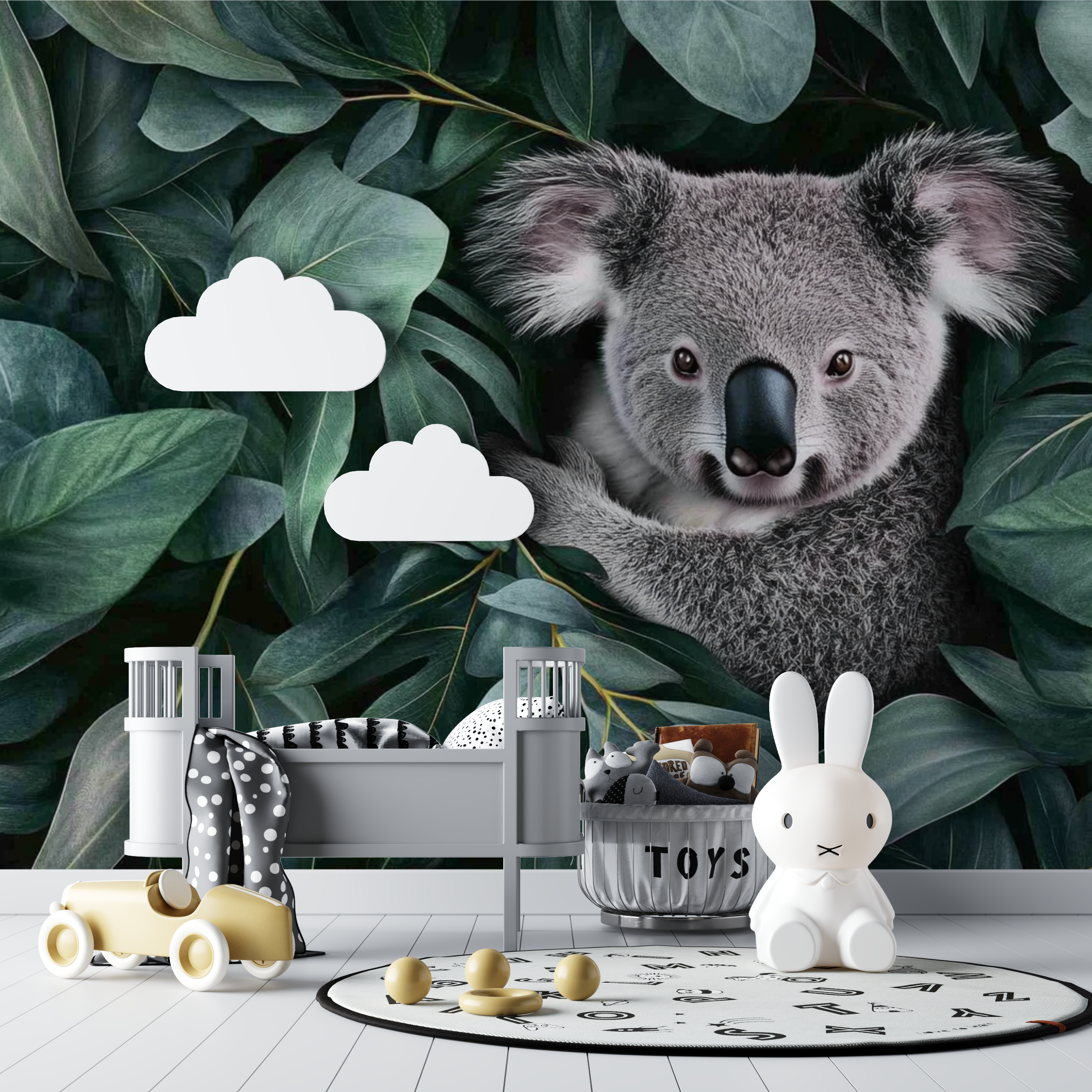 Papier peint koala dans un cocon de feuilles bebe tipi