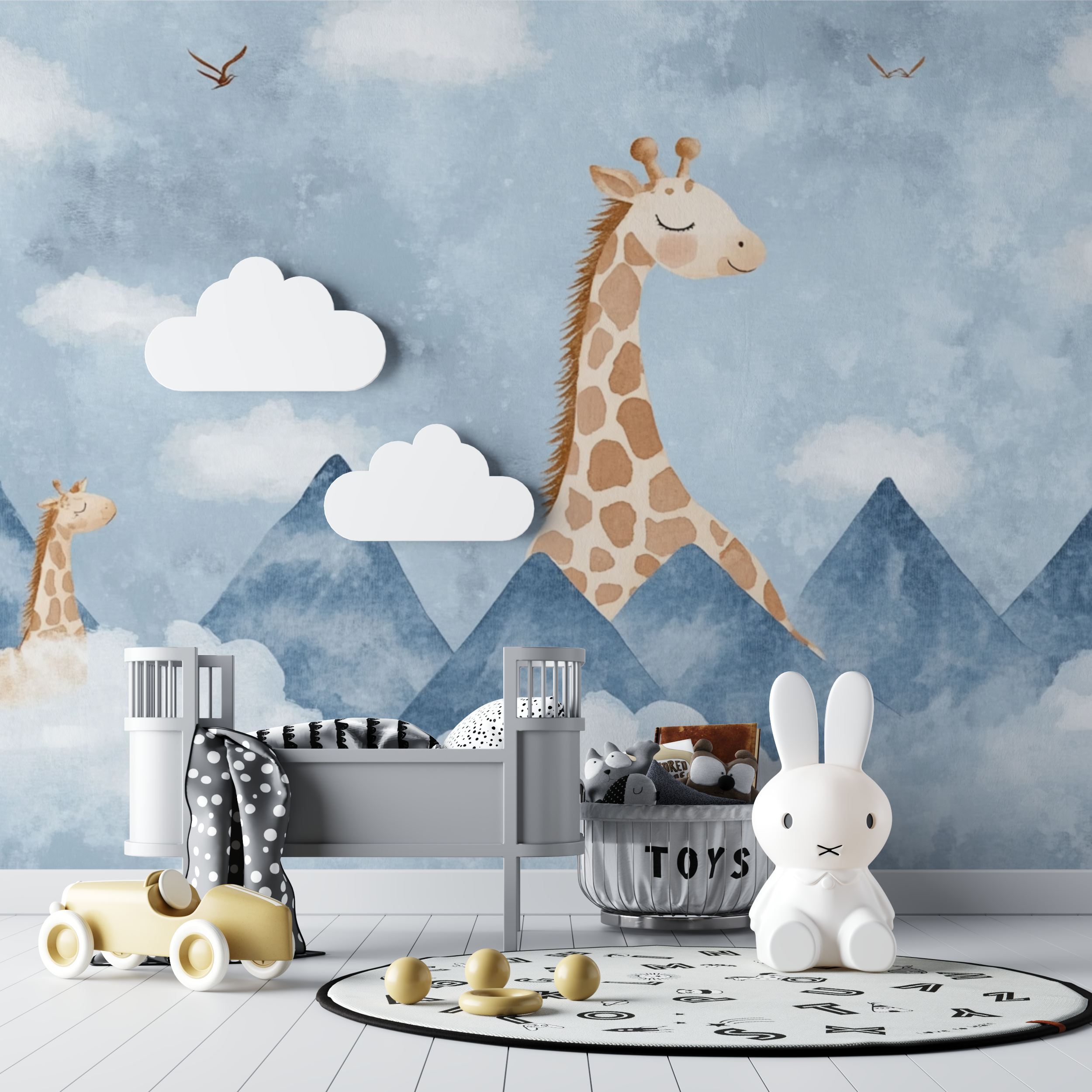 Papier peint giraffe montagnes bleu bebe tipi