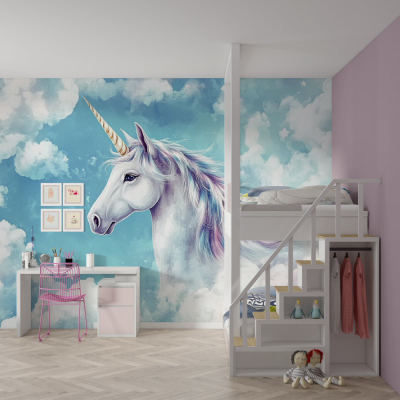 Papier peint licorne ciel bleu amoureux mur chambre fille