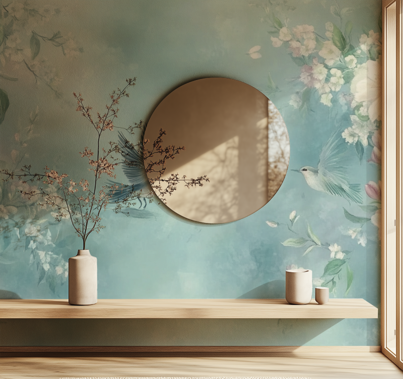 Papier peint fleur et oiseau miroir