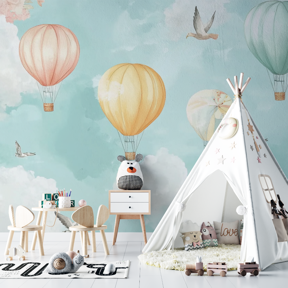 Papier peint montgolfiere et oiseaux en vol chambre bebe