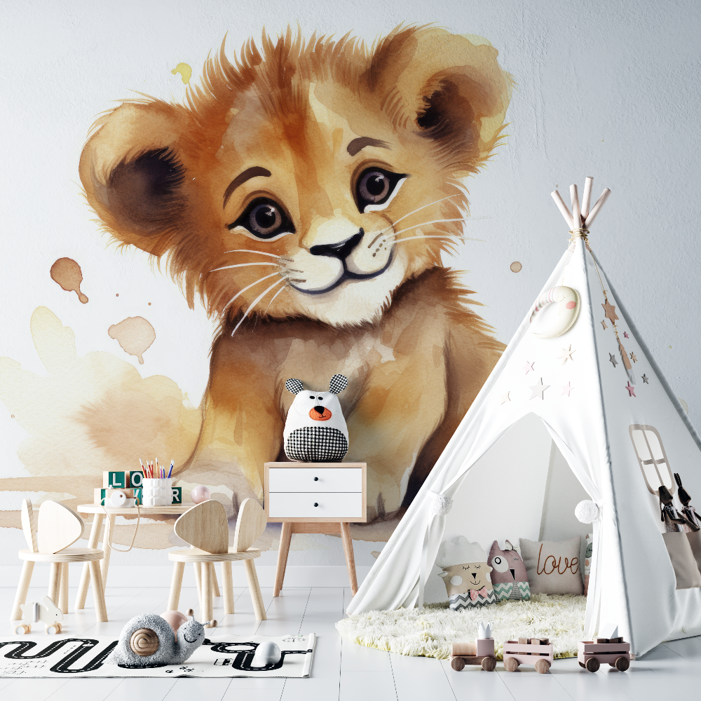 Papier peint lion bebe aquarelle chambre bebe
