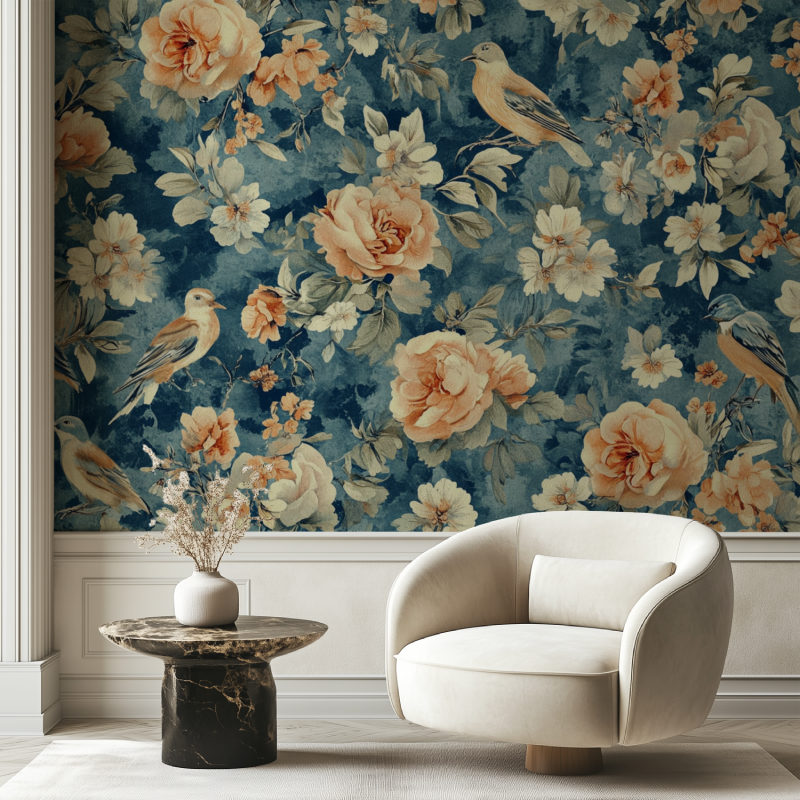 Papier peint vintage oiseaux et fleurs chaise tendance