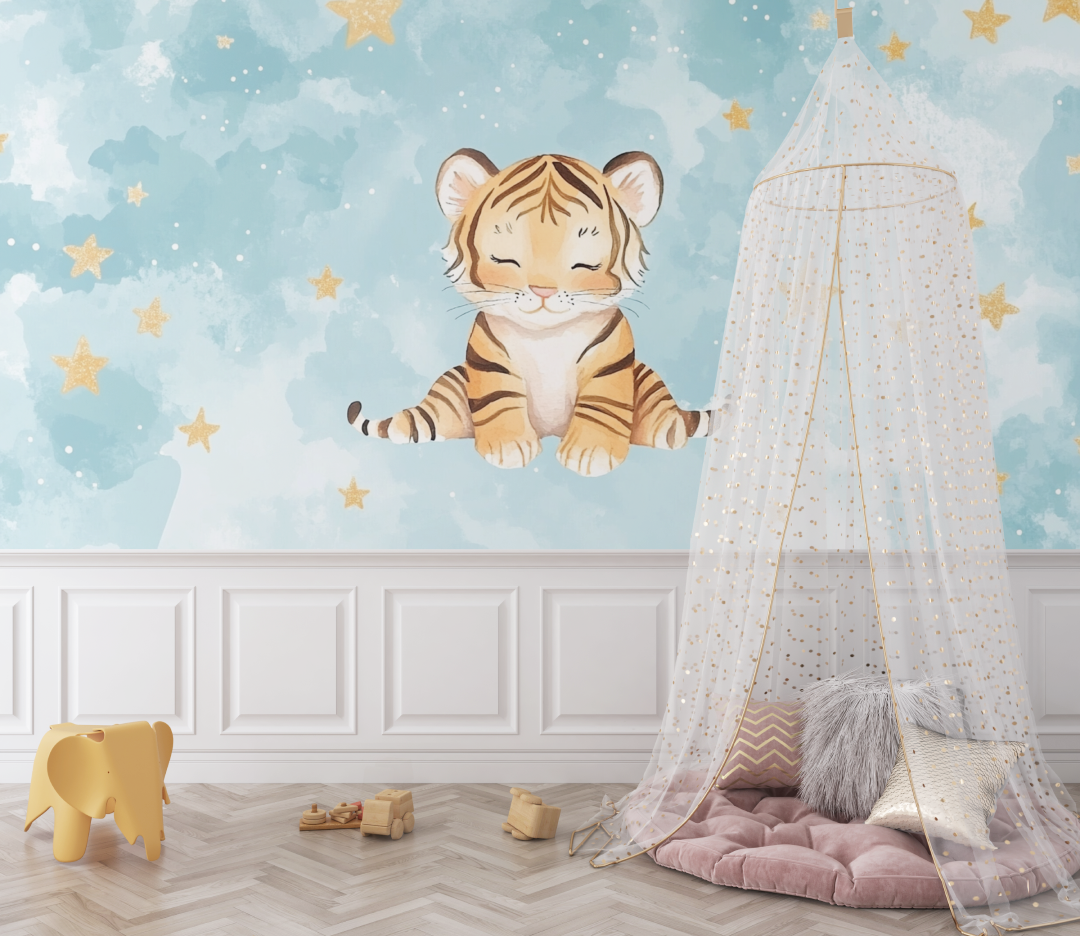 Papier peint tigre et ciel etoile bebe