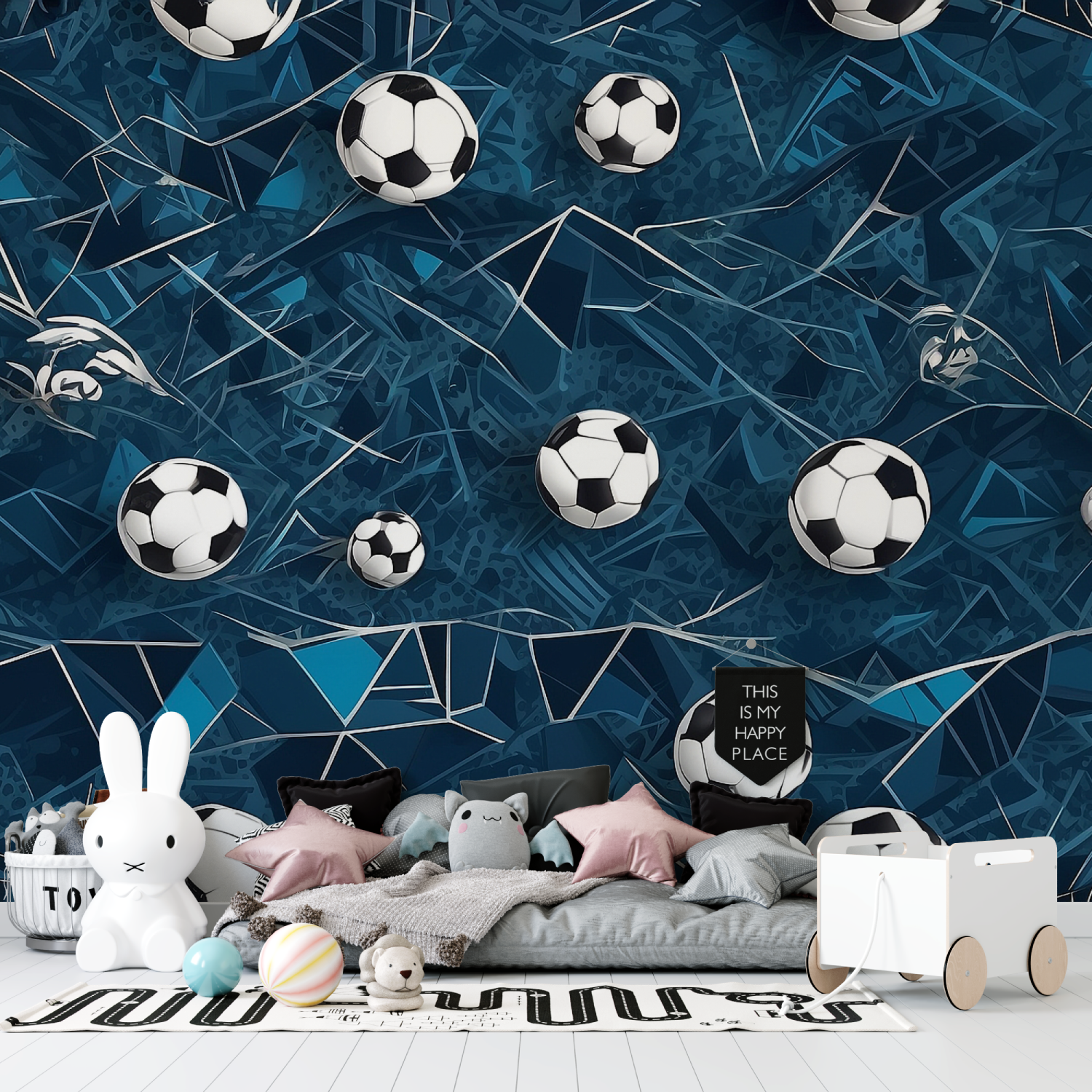Papiers peint bleu ballon de foot tapisserie garcon