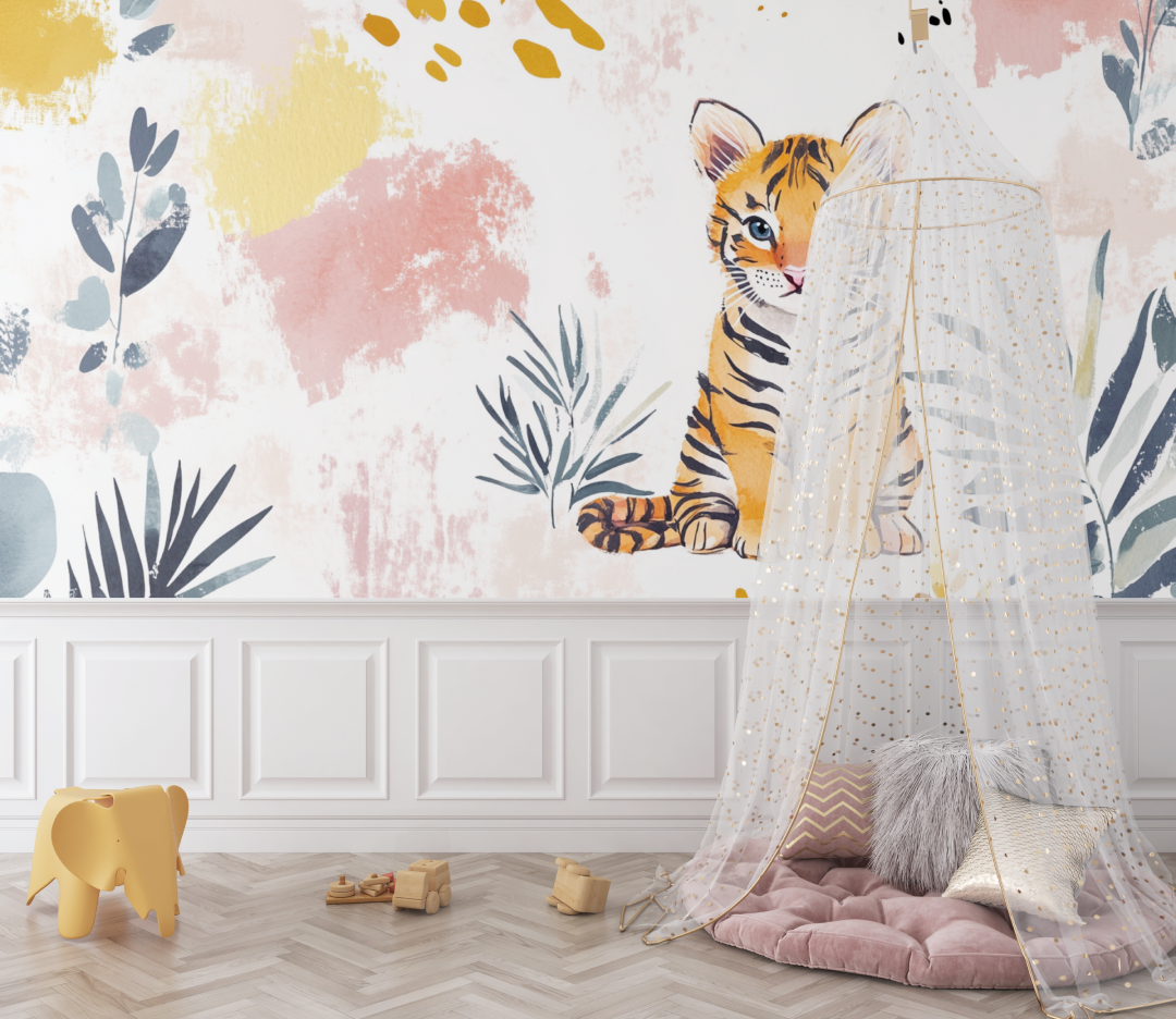 Papier peint tigre et motifs abstraits bebe