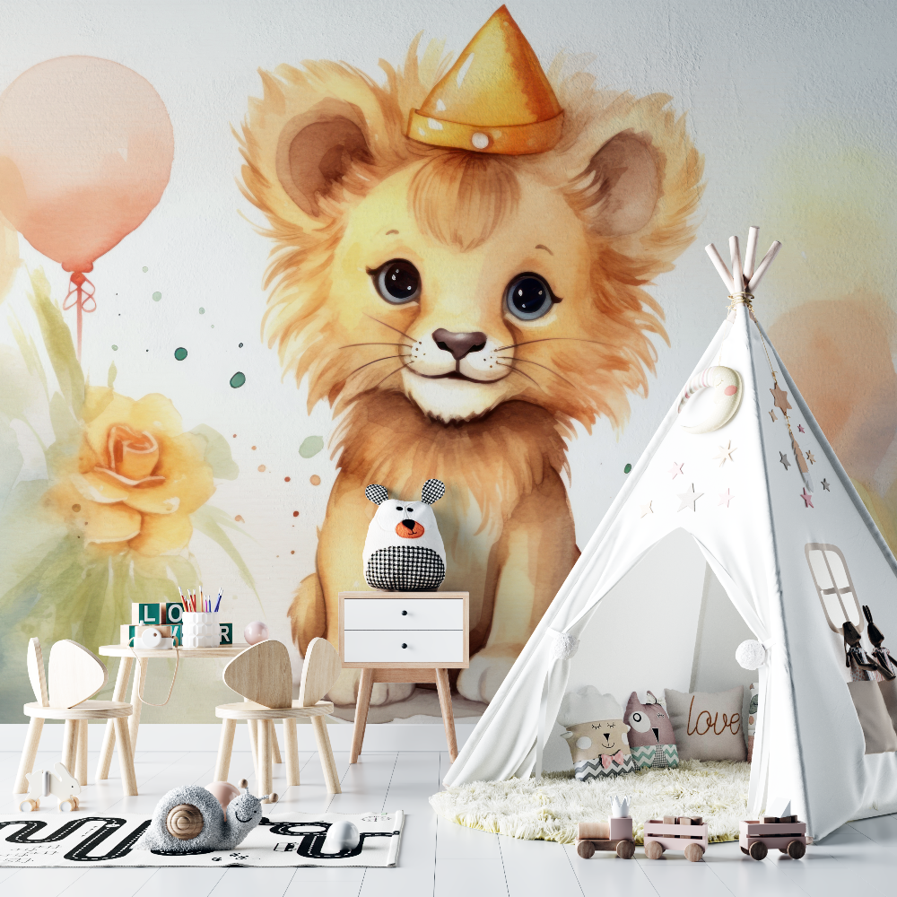 Papier peint lionceau bebe aquarelle chambre bebe