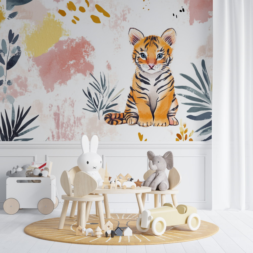 Papier peint tigre et motifs abstraits chambre de bebe