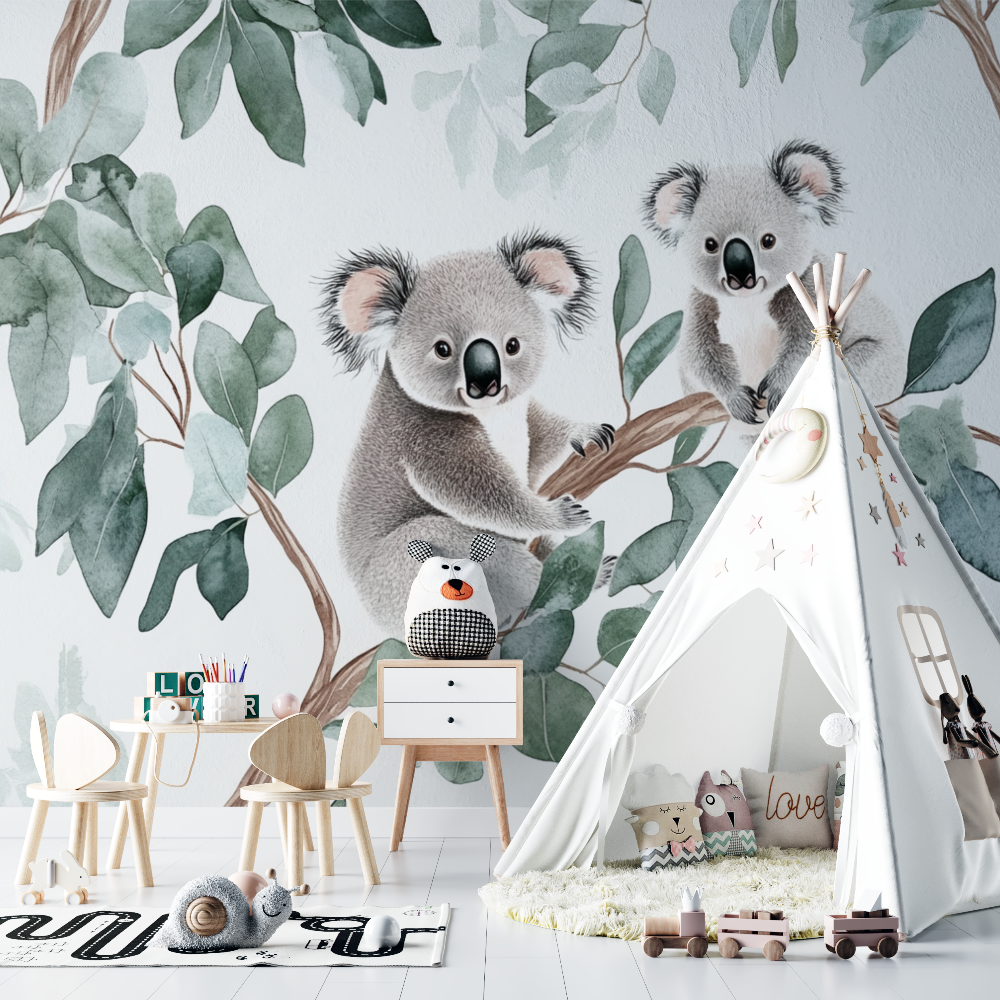 Papier peint koala et calins deucalyptus chambre bebe