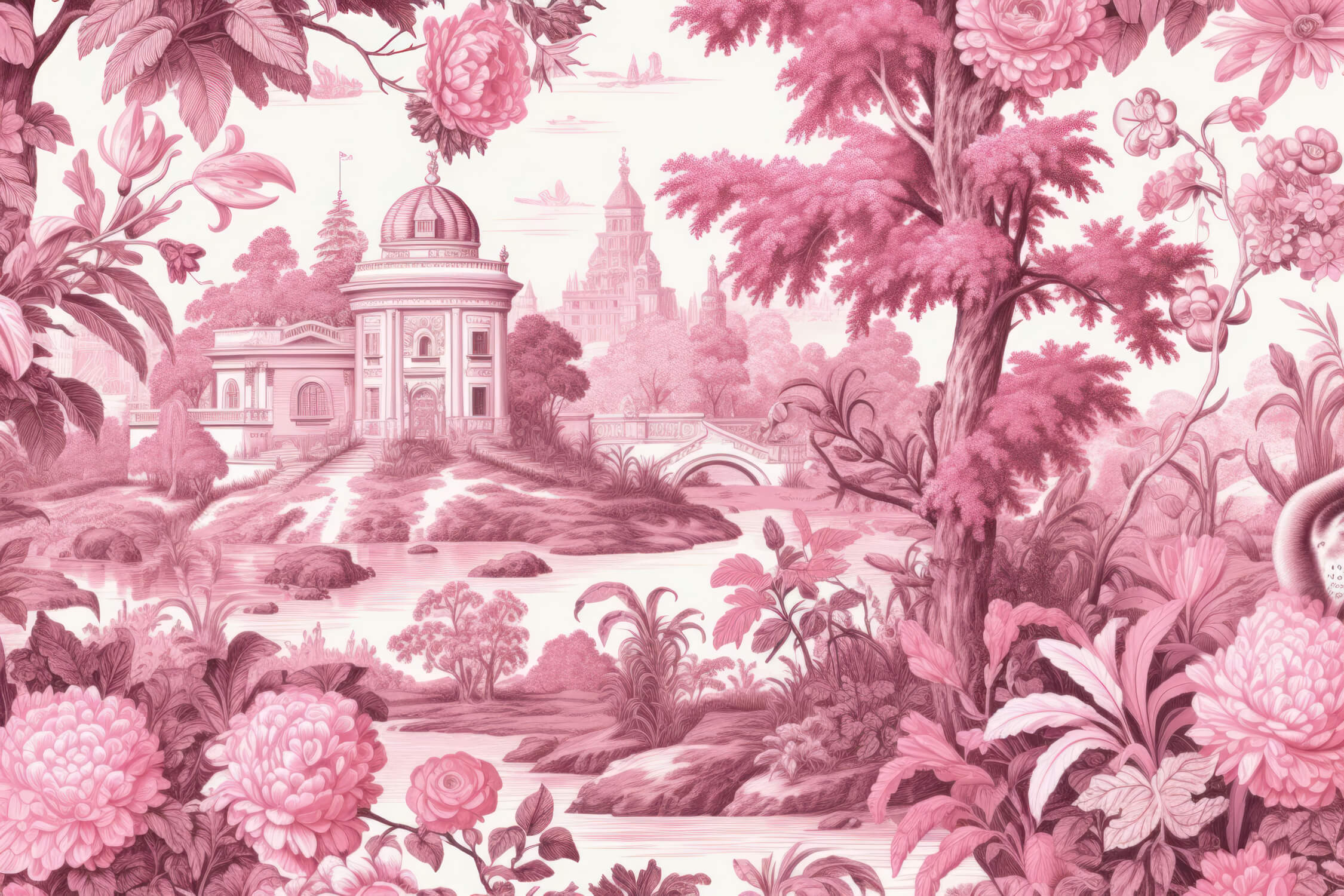Papier Peint Toile De Jouy Rose Vif