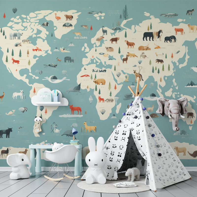 Papier peint carte du monde animaux enfant tapisserie murs