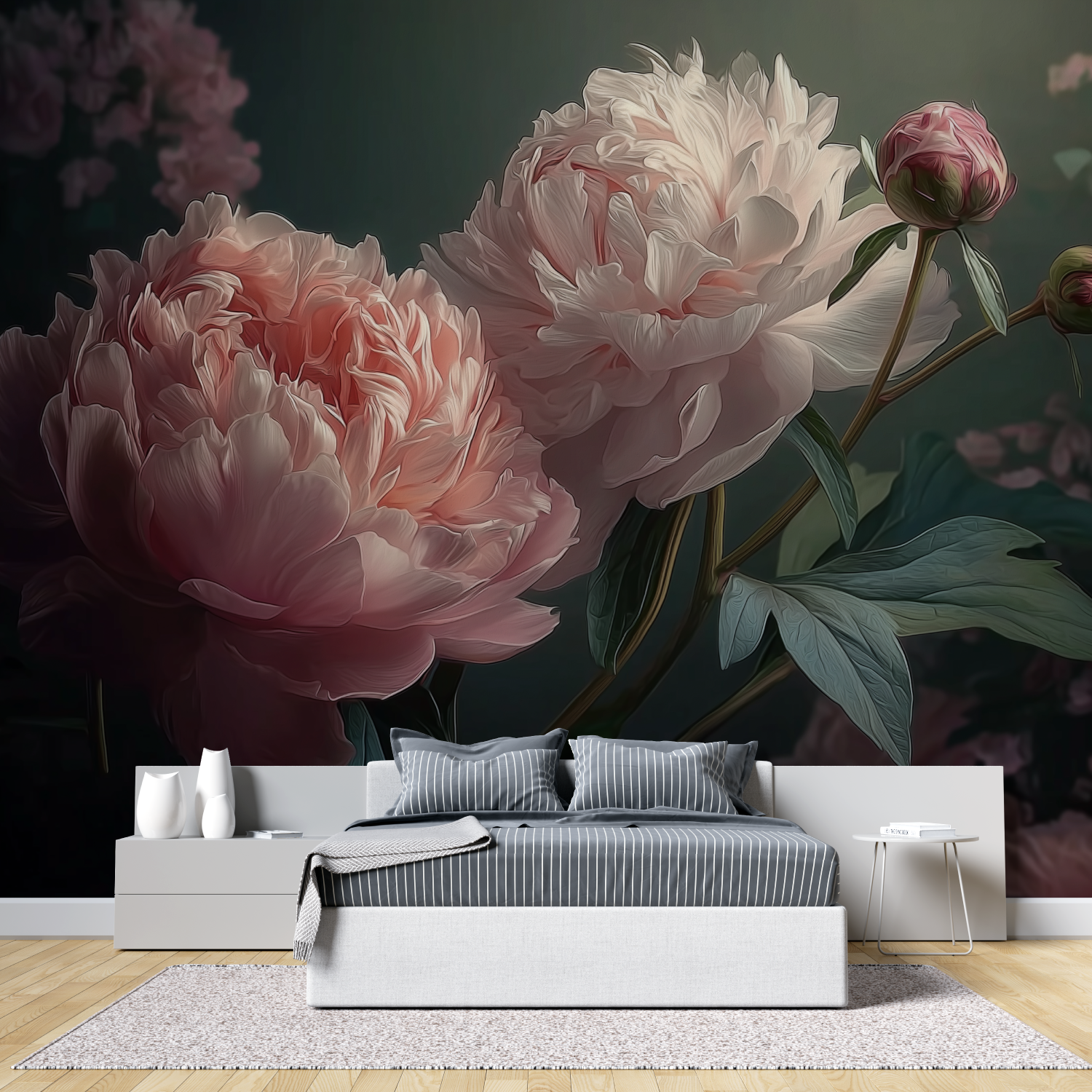 Big flower black background mural wallpaper tete de lit