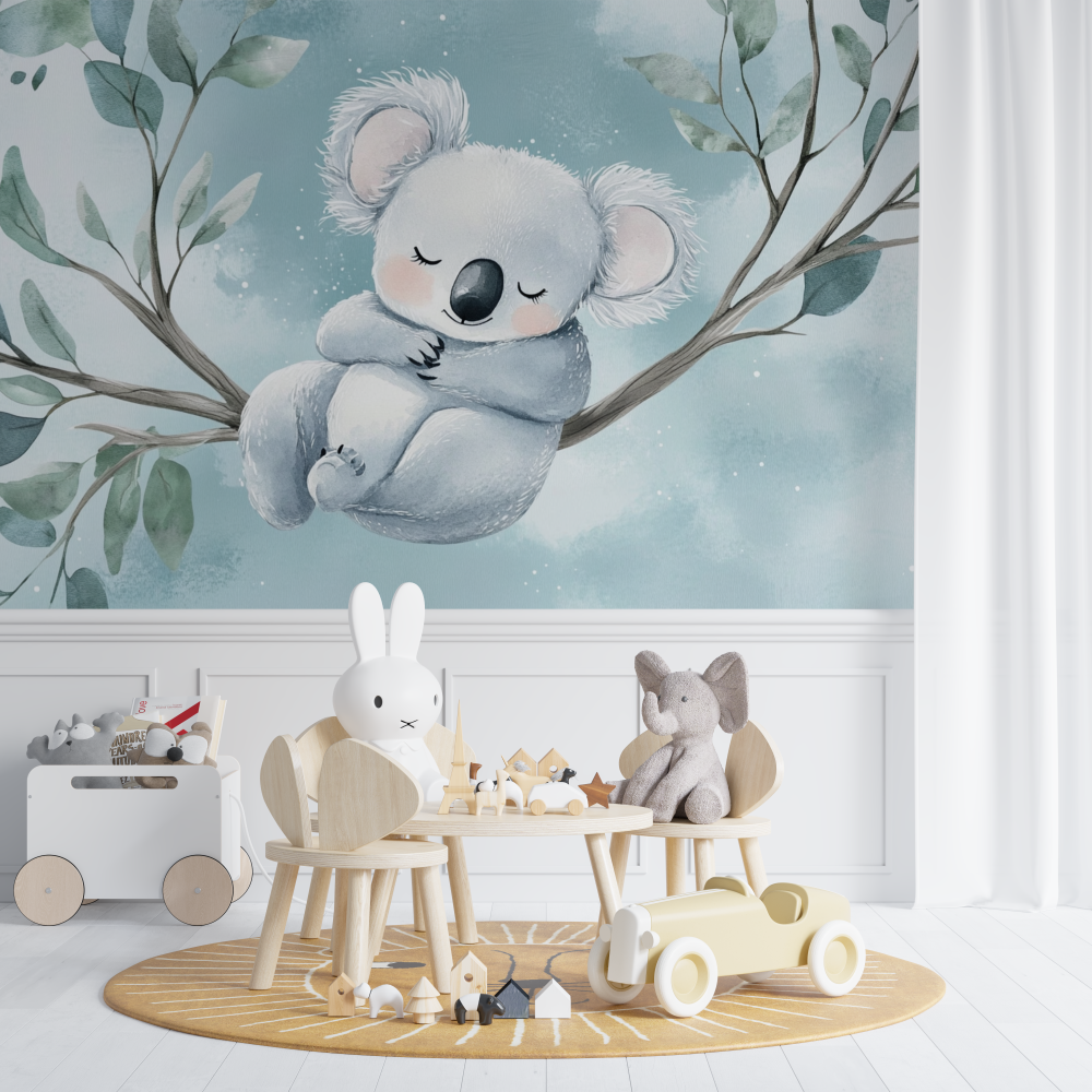Papier peint koala qui fait dodo chambre de bebe