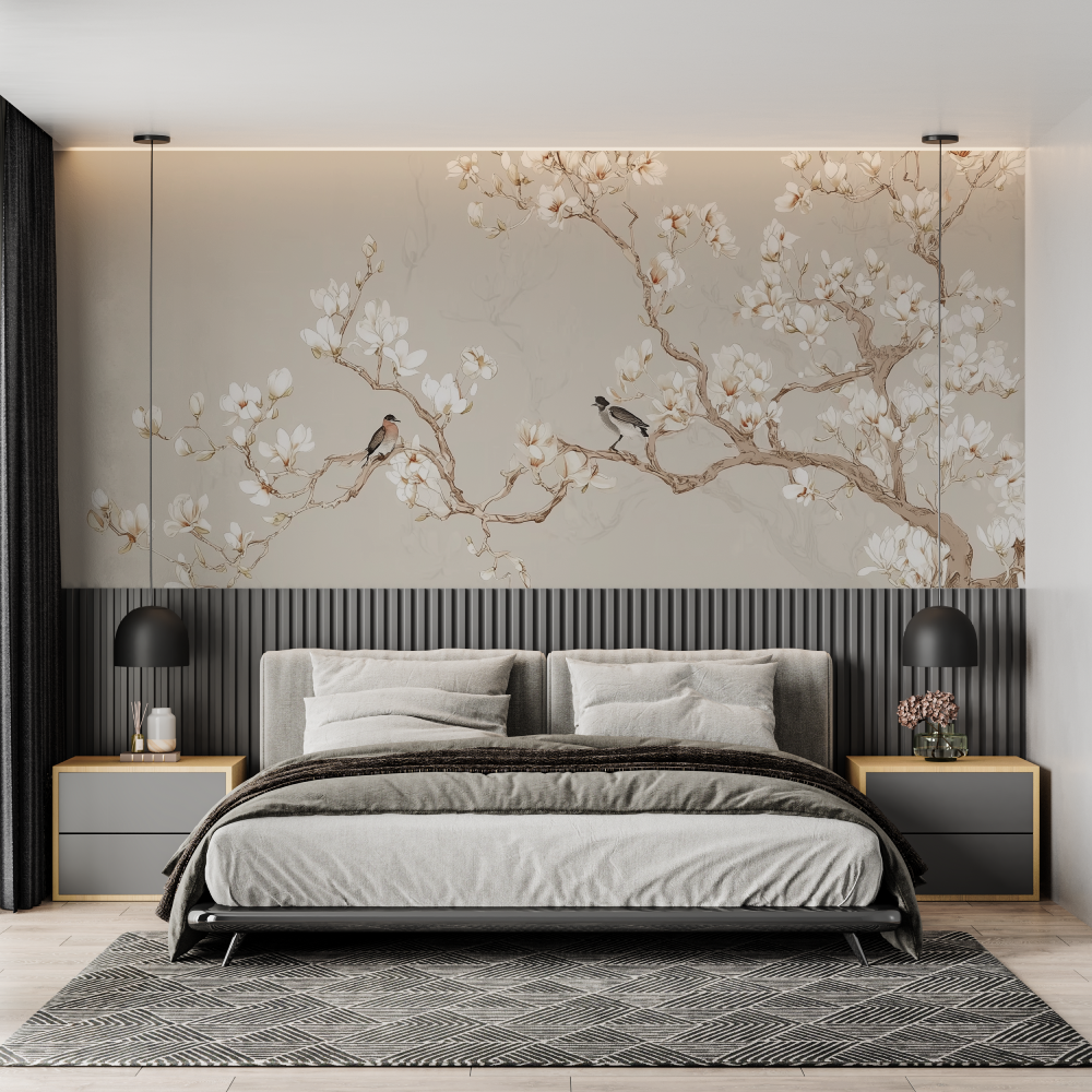 Tree branch beige mural wallpaper chambre adulte tendance