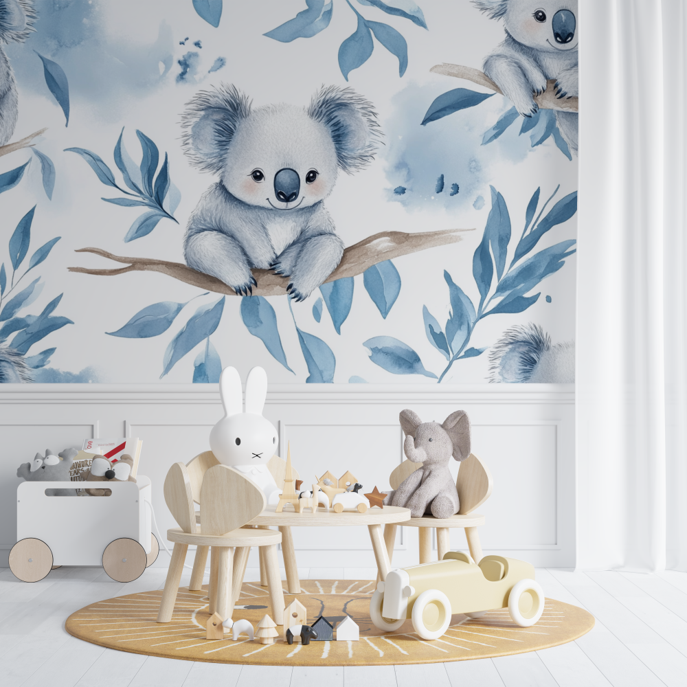 Papier peint koala entoure de plumes legeres chambre de bebe