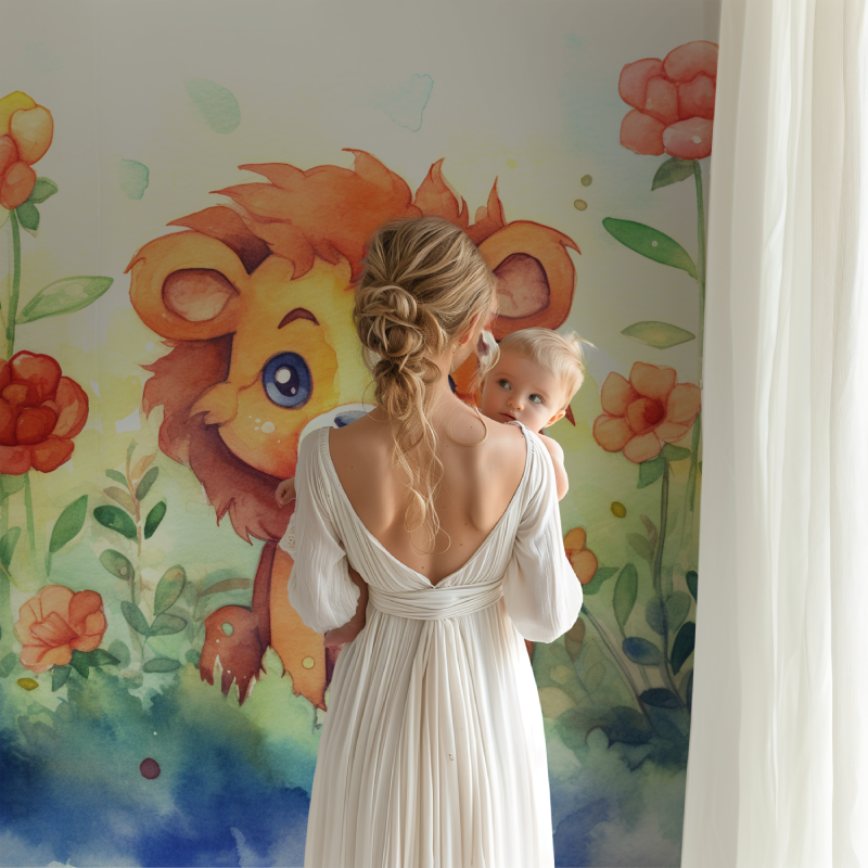 Papier peint lion et fleurs enchantees bb123
