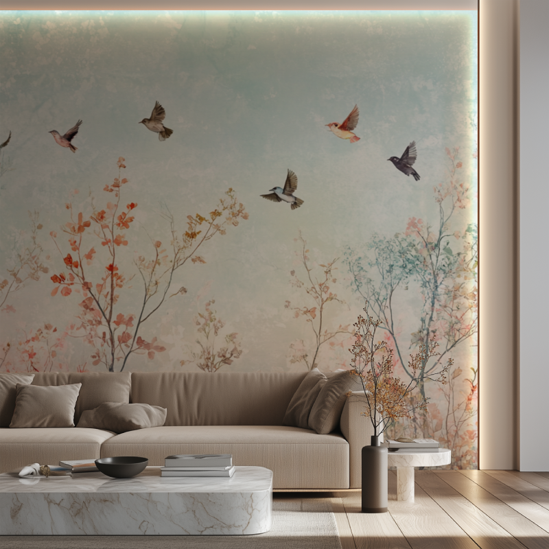 Papier peint arbre et oiseaux canape neon