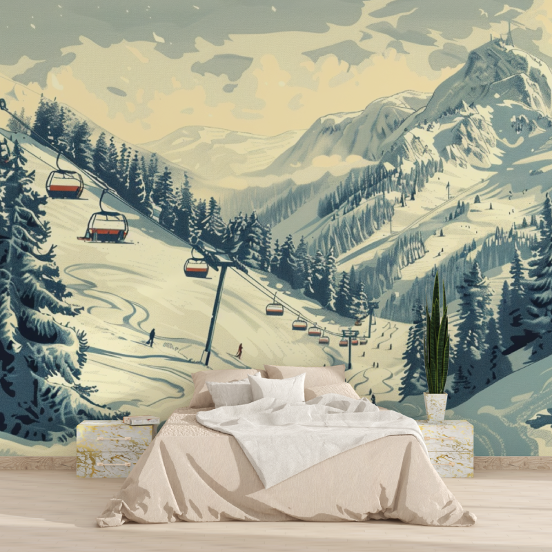Papier peint telecabine skieurs colores tapisserie 2025