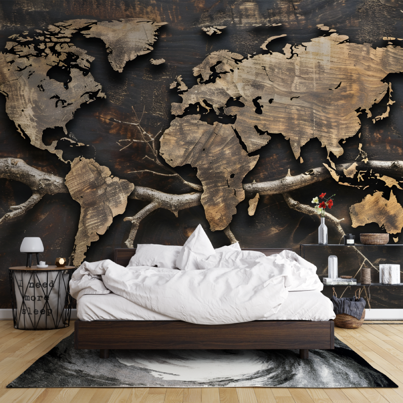 Papier peint carte du monde bois et branche leroy merlin mur