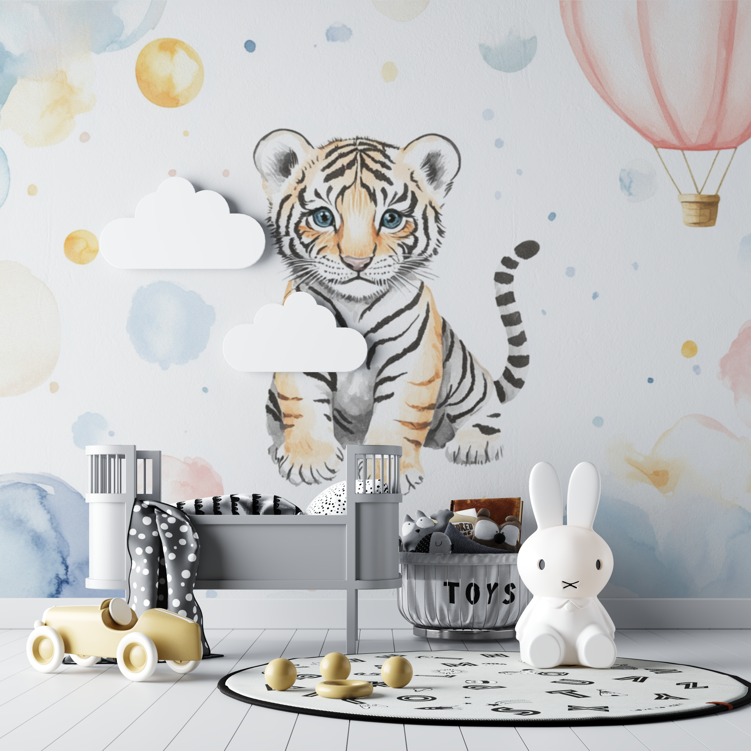 Papier peint tigre et montgolfiere bebe tipi