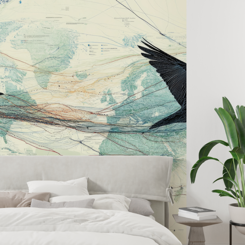 Papier peint carte du monde oiseaux tapisserie tendance