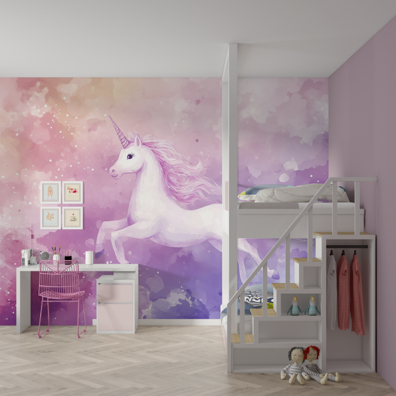 Papier peint fille licorne mur chambre fille
