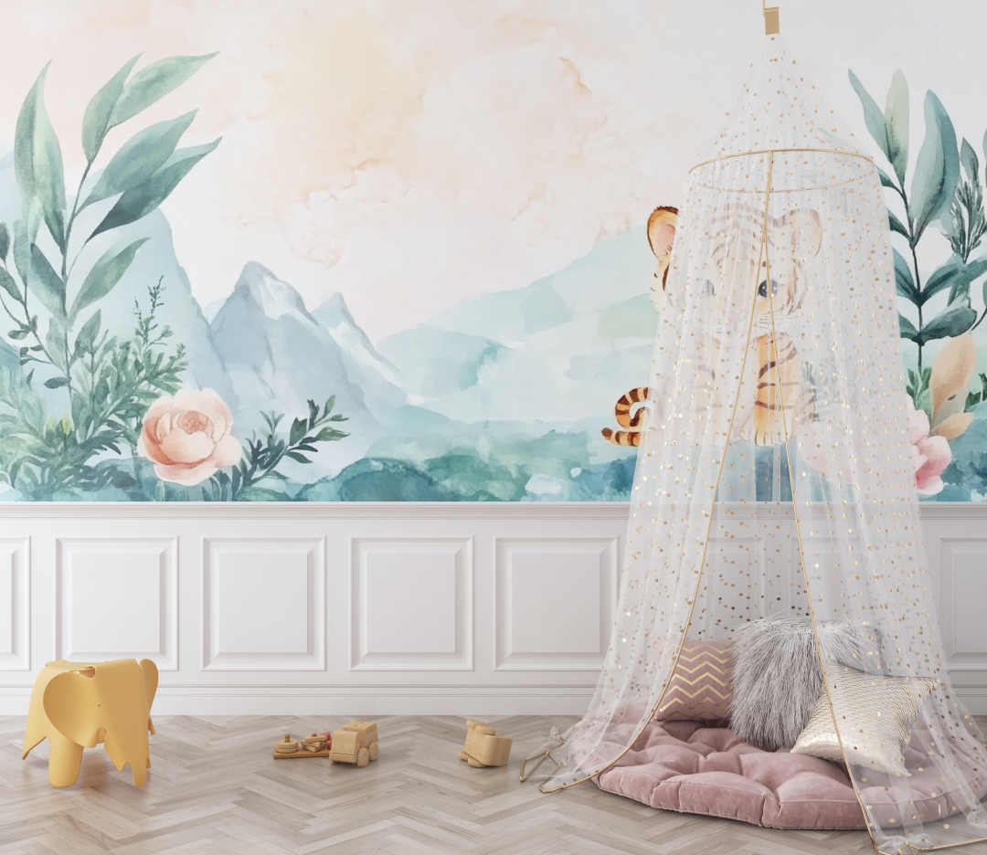 Papier peint tigre et paysages doux bebe