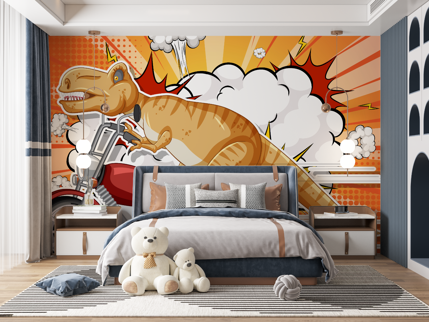 Papier peint dinosaure moto mur panoramique