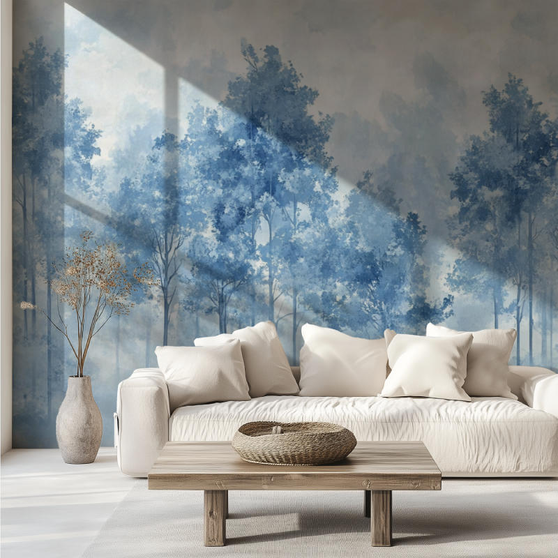 Papier peint arbre balc bleu canape tendance