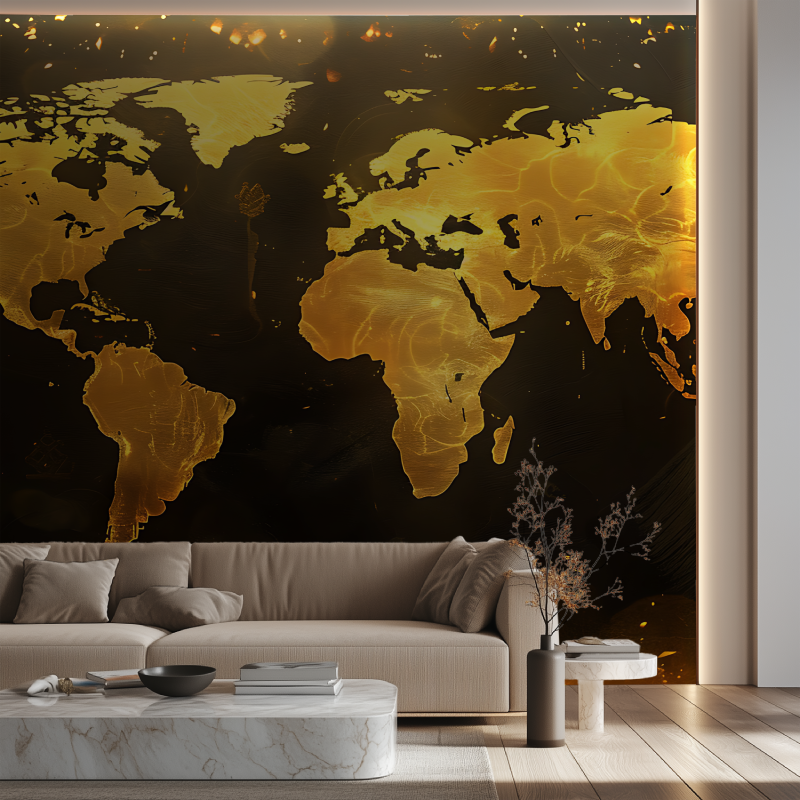 Papier peint carte du monde noir et or canape neon