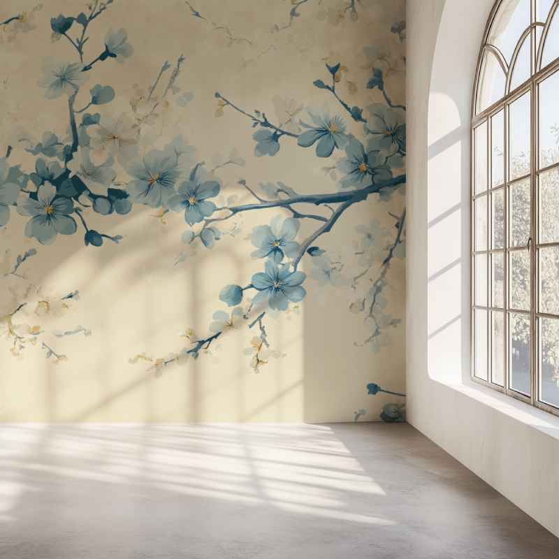 Papier peint fleur japonais bkeu mur simple