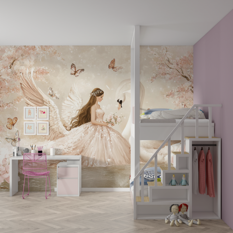 Papier peint princesse et cygne mur chambre fille