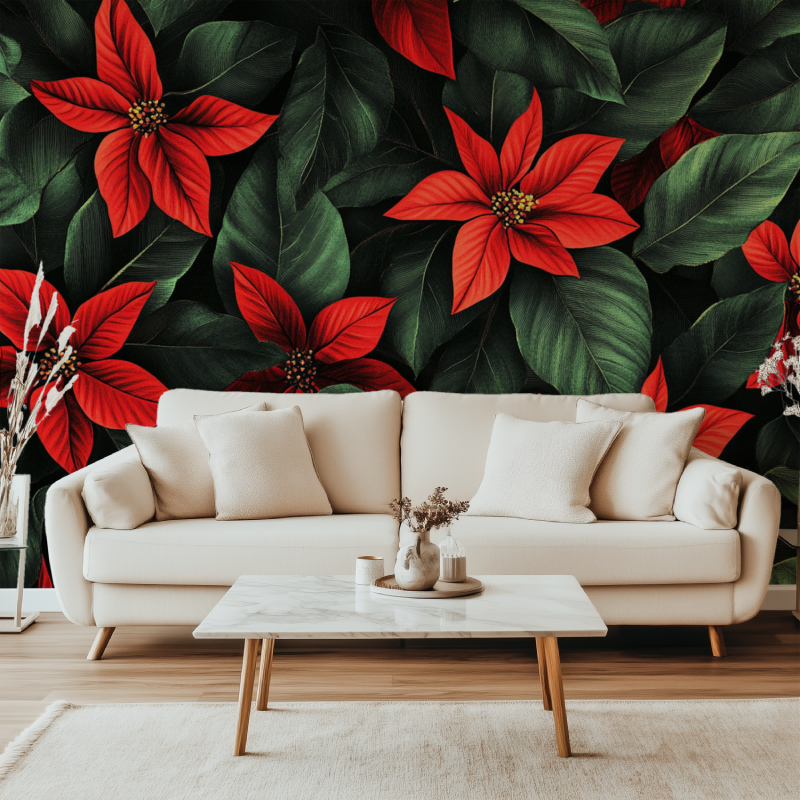 Papier peint fleur rouge canape simple