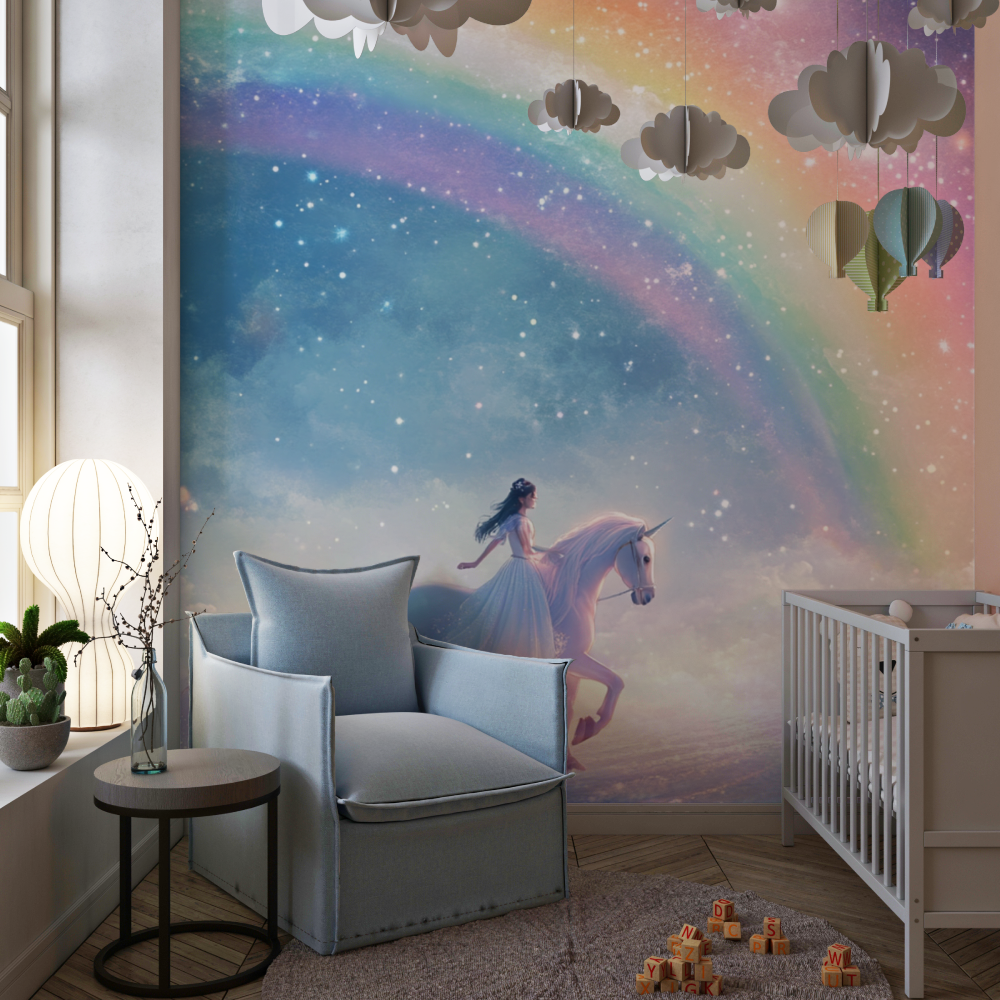 Papier peint licorne chevauchee chambre de fille