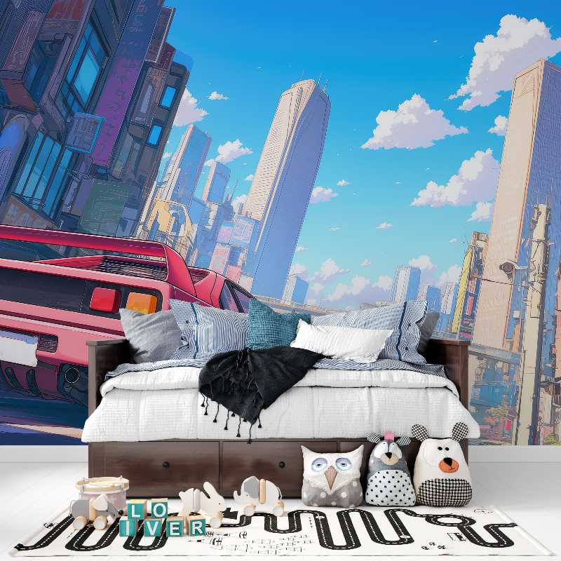 Papier peint voiture style anime panoramique garcon