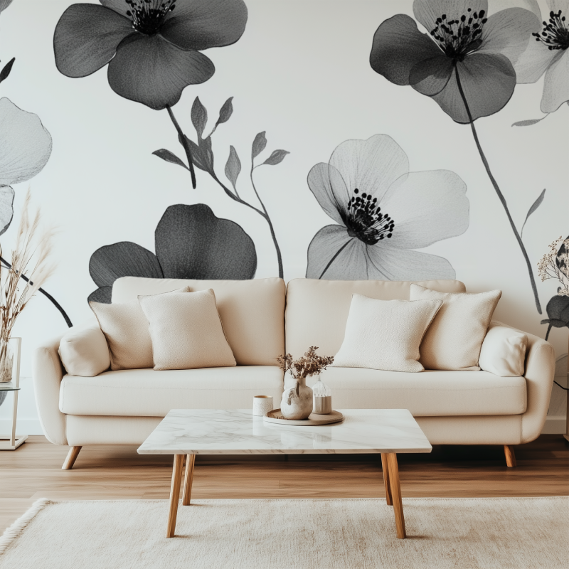 Papier peint fleur epure noir et blanc canape simple