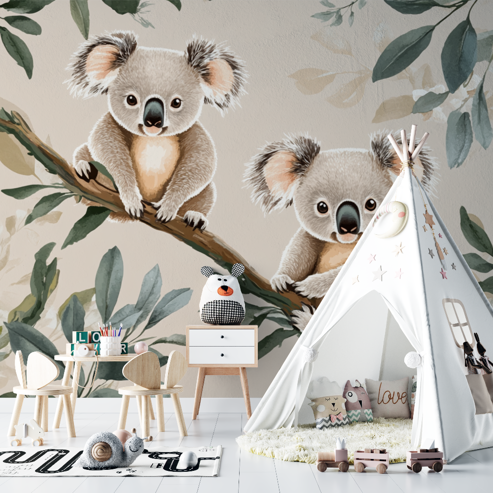 Papier peint koala sur fond sable doux chambre bebe