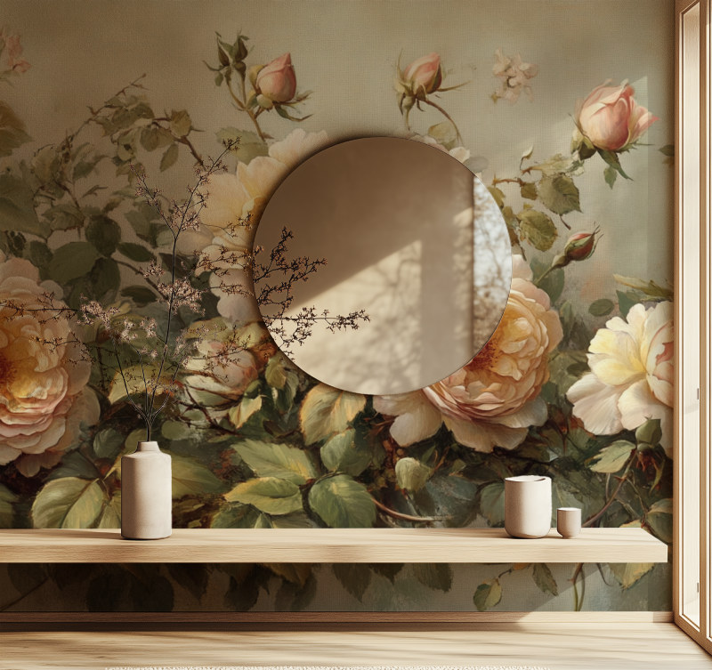 Papier peint style anglais vintage fleuries miroir